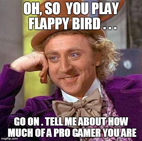 Pro Gamer | OH, SO  YOU PLAY FLAPPY BIRD . . . GO ON . TELL ME ABOUT HOW MUCH OF A PRO GAMER YOU ARE | image tagged in memes,creepy condescending wonka | made w/ Imgflip meme maker