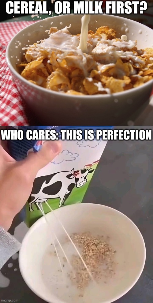 Milk or cereal first | CEREAL, OR MILK FIRST? WHO CARES: THIS IS PERFECTION | image tagged in cereal first,milk | made w/ Imgflip meme maker