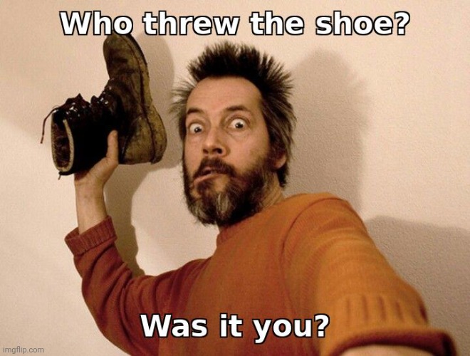 Who Threw the Shoe? | image tagged in shoes,throw | made w/ Imgflip meme maker