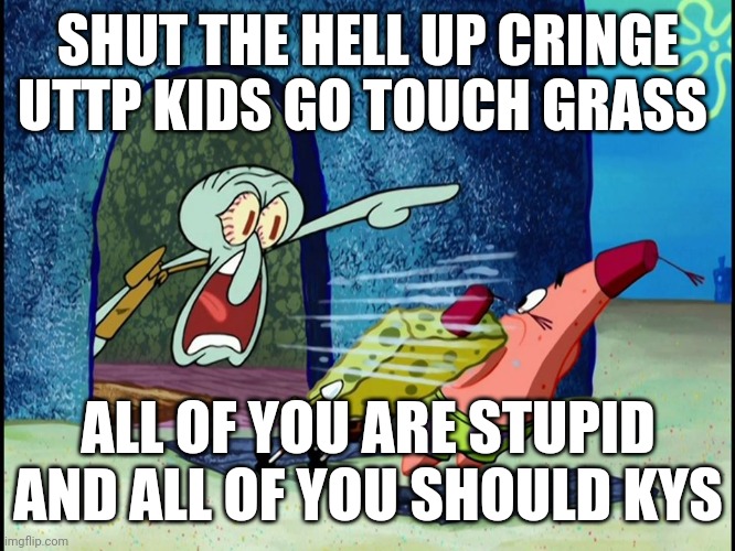 Me yelling at the stupid UTTP idiots | SHUT THE HELL UP CRINGE UTTP KIDS GO TOUCH GRASS; ALL OF YOU ARE STUPID AND ALL OF YOU SHOULD KYS | image tagged in squidward screaming | made w/ Imgflip meme maker