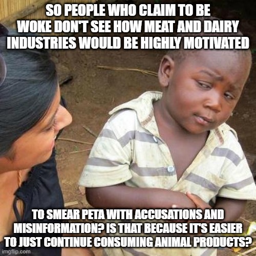 Third World Skeptical Kid | SO PEOPLE WHO CLAIM TO BE WOKE DON'T SEE HOW MEAT AND DAIRY INDUSTRIES WOULD BE HIGHLY MOTIVATED; TO SMEAR PETA WITH ACCUSATIONS AND MISINFORMATION? IS THAT BECAUSE IT'S EASIER TO JUST CONTINUE CONSUMING ANIMAL PRODUCTS? | image tagged in memes,third world skeptical kid,peta | made w/ Imgflip meme maker