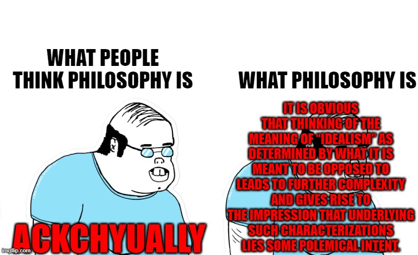 Philosophizer | IT IS OBVIOUS THAT THINKING OF THE MEANING OF “IDEALISM” AS DETERMINED BY WHAT IT IS MEANT TO BE OPPOSED TO LEADS TO FURTHER COMPLEXITY AND GIVES RISE TO THE IMPRESSION THAT UNDERLYING SUCH CHARACTERIZATIONS LIES SOME POLEMICAL INTENT. WHAT PEOPLE THINK PHILOSOPHY IS; WHAT PHILOSOPHY IS; ACKCHYUALLY | image tagged in philosophy | made w/ Imgflip meme maker