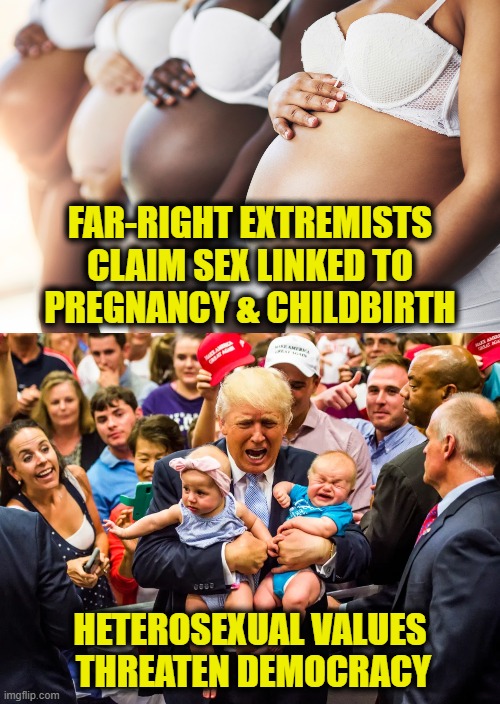 Procreation Extremist | FAR-RIGHT EXTREMISTS
CLAIM SEX LINKED TO
PREGNANCY & CHILDBIRTH; HETEROSEXUAL VALUES
 THREATEN DEMOCRACY | image tagged in donald trump | made w/ Imgflip meme maker