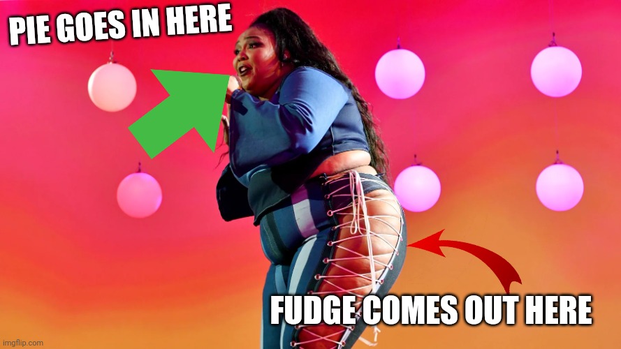 Lizzo | PIE GOES IN HERE; FUDGE COMES OUT HERE | image tagged in lizzo | made w/ Imgflip meme maker