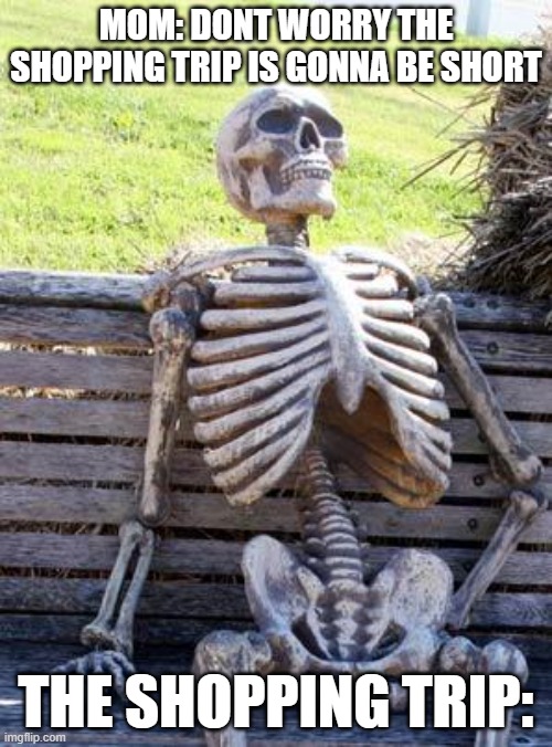 Waiting Skeleton | MOM: DONT WORRY THE SHOPPING TRIP IS GONNA BE SHORT; THE SHOPPING TRIP: | image tagged in memes,waiting skeleton | made w/ Imgflip meme maker