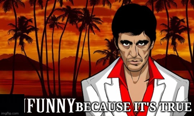 iUnFunny's Scarface template | BECAUSE IT'S TRUE | image tagged in iunfunny's scarface template | made w/ Imgflip meme maker