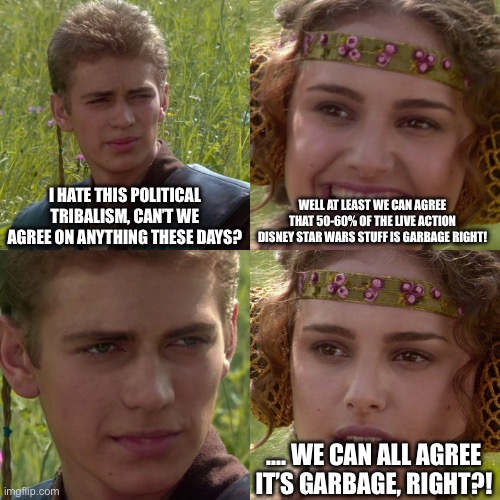 Anakin Padme 4 Panel | I HATE THIS POLITICAL TRIBALISM, CAN’T WE AGREE ON ANYTHING THESE DAYS? WELL AT LEAST WE CAN AGREE THAT 50-60% OF THE LIVE ACTION DISNEY STAR WARS STUFF IS GARBAGE RIGHT! …. WE CAN ALL AGREE IT’S GARBAGE, RIGHT?! | image tagged in anakin padme 4 panel | made w/ Imgflip meme maker