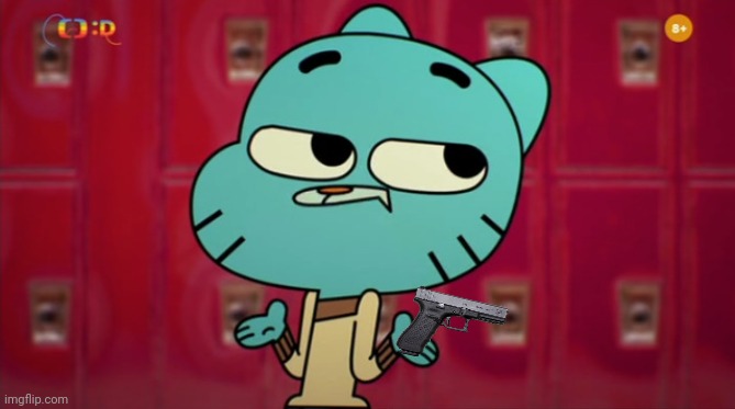 Gumball with a gun | image tagged in gumball's hallway closing mouth sprites | made w/ Imgflip meme maker