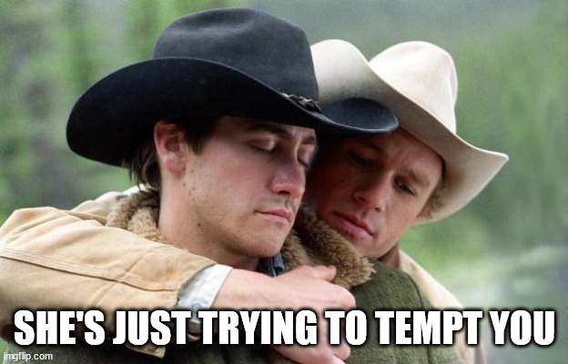 Brokeback Mountain | SHE'S JUST TRYING TO TEMPT YOU | image tagged in brokeback mountain | made w/ Imgflip meme maker