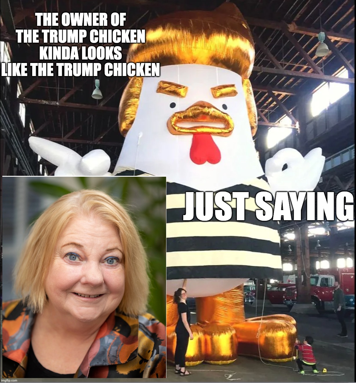 Trump Chicken | THE OWNER OF THE TRUMP CHICKEN KINDA LOOKS LIKE THE TRUMP CHICKEN; JUST SAYING | made w/ Imgflip meme maker