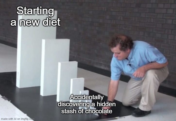 Domino Effect | Starting a new diet; Accidentally discovering a hidden stash of chocolate | image tagged in domino effect | made w/ Imgflip meme maker