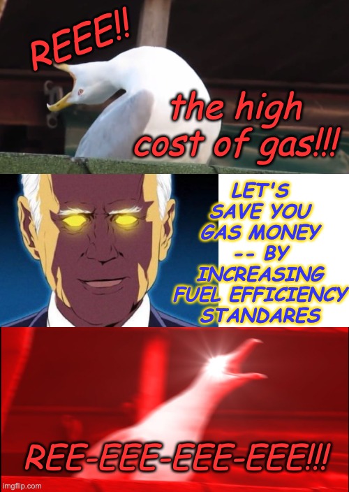 Some people, you can't make happy | REEE!! the high cost of gas!!! LET'S SAVE YOU GAS MONEY -- BY INCREASING FUEL EFFICIENCY STANDARES; REE-EEE-EEE-EEE!!! | image tagged in memes,inhaling seagull,dark brandon,gas,money,oil | made w/ Imgflip meme maker