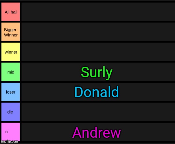 site mod tier list | Surly; Donald; Andrew | image tagged in yoshi's tier list | made w/ Imgflip meme maker