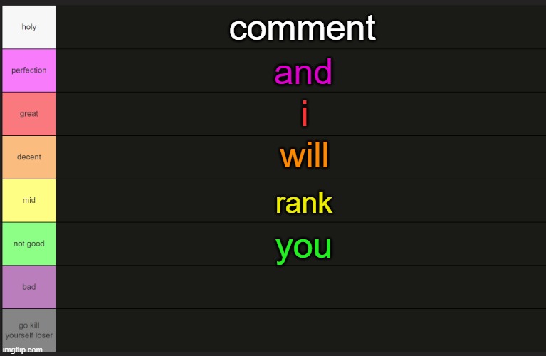 Ayden's tier list | comment; and; i; will; not; rank; you | image tagged in ayden's tier list | made w/ Imgflip meme maker
