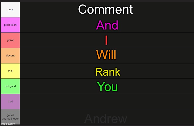 Felt cute might delete later | Comment; And; I; Will; Rank; You; Andrew | image tagged in ayden's tier list | made w/ Imgflip meme maker