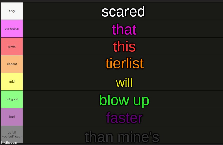 looks good though gimme users to rank | scared; that; this; tierlist; will; blow up; faster; than mine's | image tagged in ayden's tier list | made w/ Imgflip meme maker