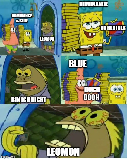 Chocolate Spongebob Meme | DOMINANCE; DOMINANCE & BLUE; DU RENTNER; LEOMON; BLUE; DOCH DOCH; BIN ICH NICHT; LEOMON | image tagged in memes,chocolate spongebob | made w/ Imgflip meme maker