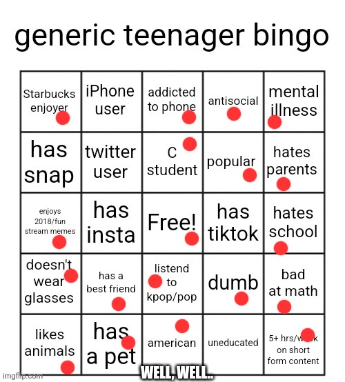 Welp. Bingo! | WELL, WELL.. | image tagged in generic teenager bingo | made w/ Imgflip meme maker