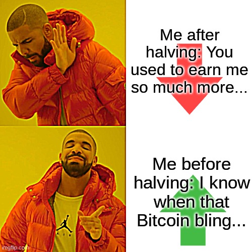 Drake Hotline Bling | Me after halving: You used to earn me so much more... Me before halving: I know when that Bitcoin bling... | image tagged in memes,drake hotline bling | made w/ Imgflip meme maker