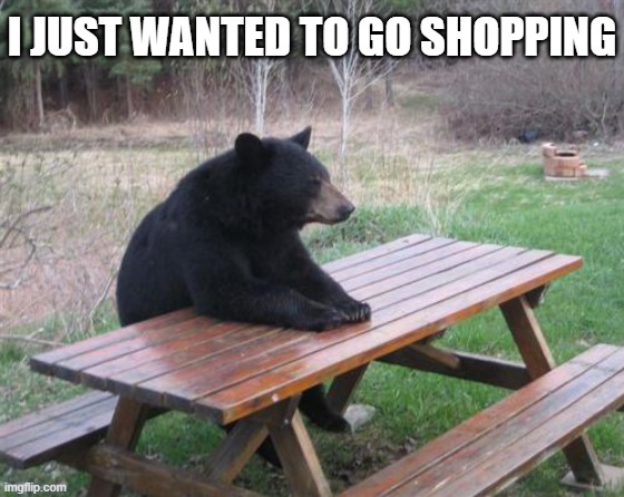 Bad Luck Bear Meme | I JUST WANTED TO GO SHOPPING | image tagged in memes,bad luck bear | made w/ Imgflip meme maker