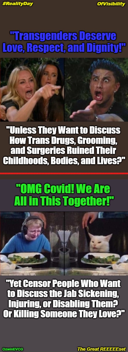#RealityDayOfVisibility [The Great REEEEEset] | OfVisibility; #RealityDay; "Transgenders Deserve 

Love, Respect, and Dignity!"; "Unless They Want to Discuss 

How Trans Drugs, Grooming, 

and Surgeries Ruined Their 

Childhoods, Bodies, and Lives?"; "OMG Covid! We Are 

All in This Together!"; "Yet Censor People Who Want 

to Discuss the Jab Sickening, 

Injuring, or Disabling Them? 

Or Killing Someone They Love?"; The Great REEEEEset; OzwinEVCG | image tagged in censorship,liberal logic,transgender day of visibility,invasion of the mind snatchers,covid vaccine,the great reset | made w/ Imgflip meme maker