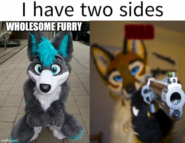 I have two sides (furry edition) | WHOLESOME FURRY; WAR | image tagged in i have two sides,furry,funny,memes | made w/ Imgflip meme maker