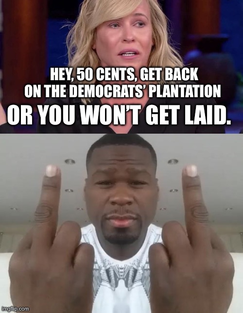 HEY, 50 CENTS, GET BACK ON THE DEMOCRATS’ PLANTATION; OR YOU WON’T GET LAID. | image tagged in chelsea handler,don't care didn't ask plus you're,political meme,politics | made w/ Imgflip meme maker