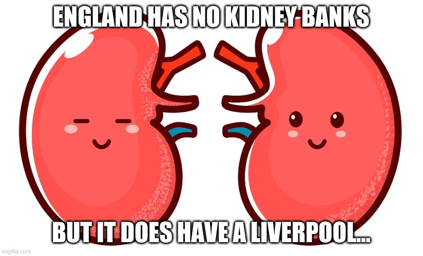 kidney banks | ENGLAND HAS NO KIDNEY BANKS; BUT IT DOES HAVE A LIVERPOOL... | image tagged in liverpool | made w/ Imgflip meme maker