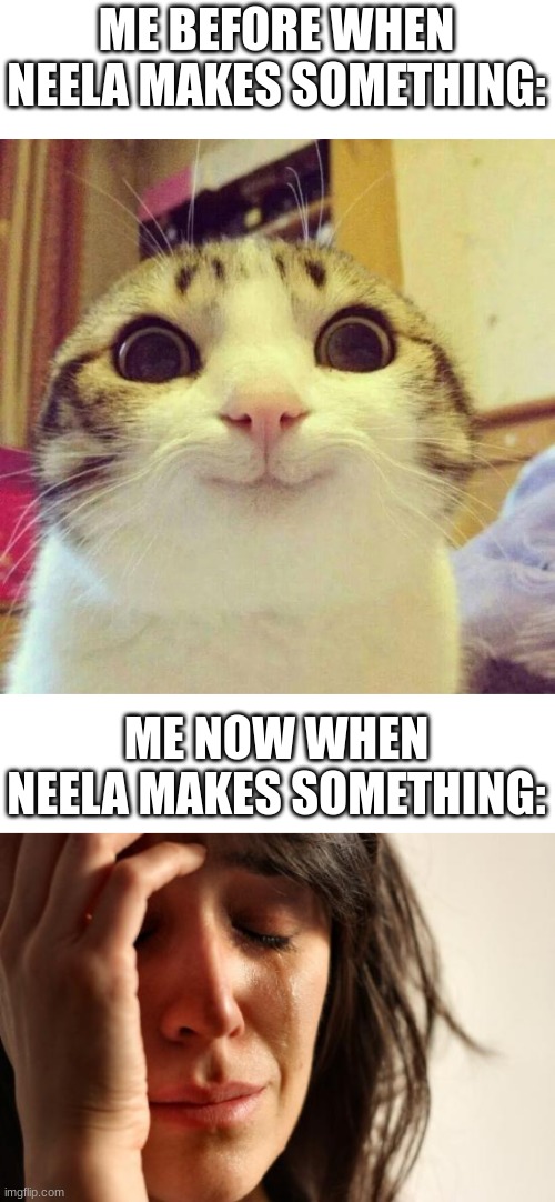ME BEFORE WHEN NEELA MAKES SOMETHING:; ME NOW WHEN NEELA MAKES SOMETHING: | image tagged in memes,smiling cat,first world problems,neela jolene | made w/ Imgflip meme maker