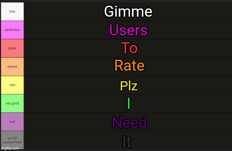 Ayden's tier list | Gimme; Users; To; Rate; Plz; I; Need; It | image tagged in ayden's tier list | made w/ Imgflip meme maker