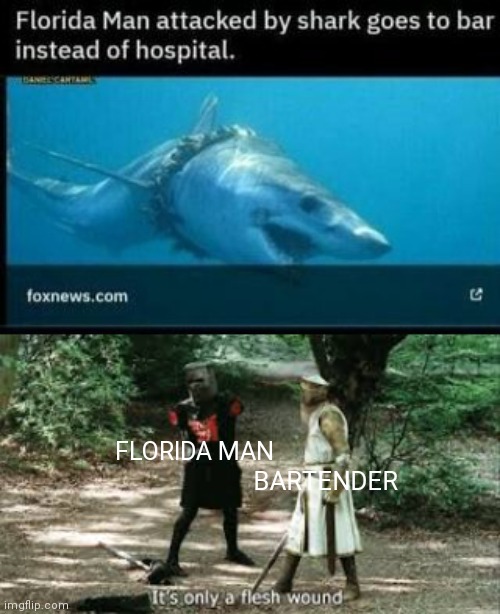its just a flesh wound | BARTENDER; FLORIDA MAN | image tagged in it's just a flesh wound,florida man,shark,shark attack,bartender | made w/ Imgflip meme maker