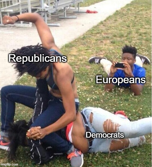 They probably watch American news like a sitcom | Republicans; Europeans; Democrats | image tagged in guy recording a fight,democrats,republicans,funny,memes,fun | made w/ Imgflip meme maker