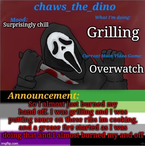 So silly guys | Grilling; Surprisingly chill; Overwatch; So I almost just burned my hand off. I was grilling and I was putting sauce on these ribs im cooking, and a grease fire started as I was doing that and I almost burned my and off | image tagged in chaws_the_dino announcement temp | made w/ Imgflip meme maker