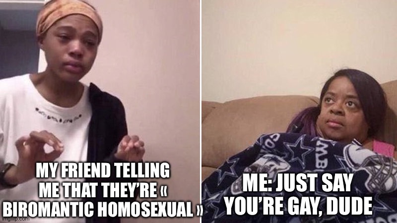 Same shit to me | MY FRIEND TELLING ME THAT THEY’RE « BIROMANTIC HOMOSEXUAL »; ME: JUST SAY YOU’RE GAY, DUDE | image tagged in me explaining to my mom,lgbt | made w/ Imgflip meme maker