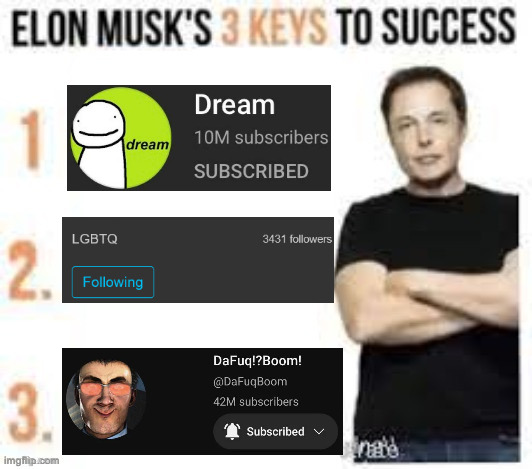 Elon musks three keys to success | image tagged in elon musks three keys to success | made w/ Imgflip meme maker