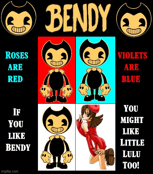 Bendy's crushin' on an older woman, Little Lulu! | image tagged in vince vance,little lulu,bendy and the ink machine,comics,cartoons,roses are red violets are are blue | made w/ Imgflip meme maker