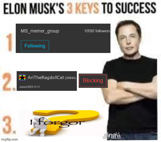 Elon musks three keys to success | image tagged in elon musks three keys to success | made w/ Imgflip meme maker