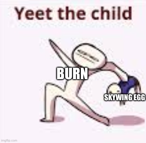 The best start to a series you can think of: a double murder! | BURN; SKYWING EGG | image tagged in single yeet the child panel | made w/ Imgflip meme maker