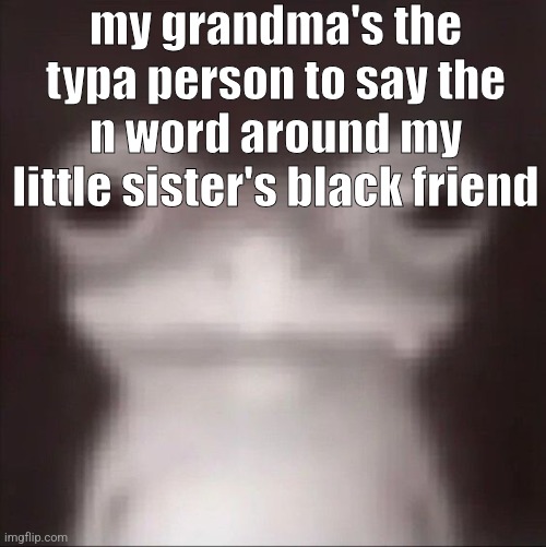 frogk | my grandma's the typa person to say the n word around my little sister's black friend | image tagged in frogk | made w/ Imgflip meme maker