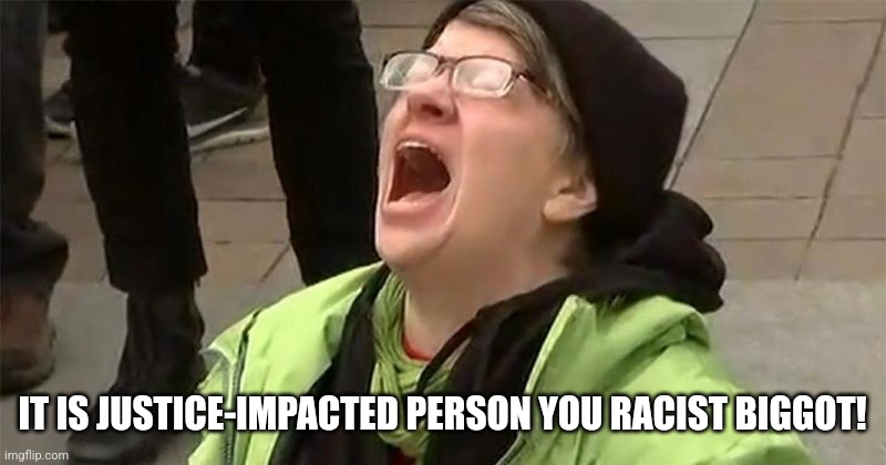 crying liberal | IT IS JUSTICE-IMPACTED PERSON YOU RACIST BIGGOT! | image tagged in crying liberal | made w/ Imgflip meme maker