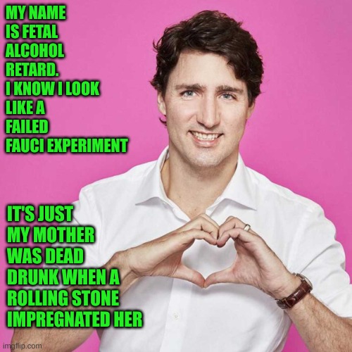 Trudeau | MY NAME IS FETAL ALCOHOL RETARD.
I KNOW I LOOK LIKE A FAILED FAUCI EXPERIMENT IT'S JUST MY MOTHER WAS DEAD DRUNK WHEN A ROLLING STONE IMPREG | image tagged in trudeau | made w/ Imgflip meme maker