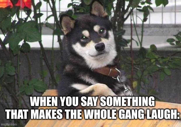 What a funny guy | WHEN YOU SAY SOMETHING THAT MAKES THE WHOLE GANG LAUGH: | image tagged in cool dog,gang,funny | made w/ Imgflip meme maker