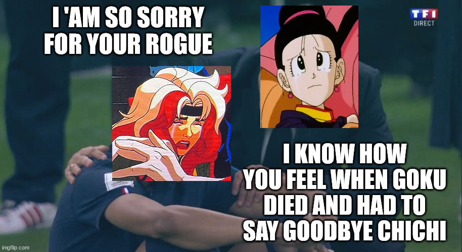 chichi conforts rogue | I 'AM SO SORRY FOR YOUR ROGUE; I KNOW HOW YOU FEEL WHEN GOKU DIED AND HAD TO SAY GOODBYE CHICHI | image tagged in conforting macron,dragon ball z,x-men,goku,sad,moment of silence | made w/ Imgflip meme maker