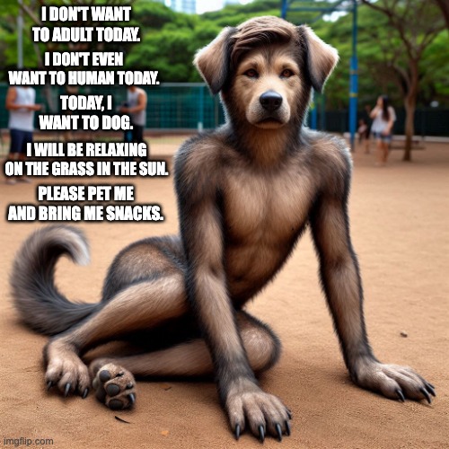 I want to dog today | I DON'T WANT TO ADULT TODAY. I DON'T EVEN WANT TO HUMAN TODAY. TODAY, I WANT TO DOG. I WILL BE RELAXING ON THE GRASS IN THE SUN. PLEASE PET ME AND BRING ME SNACKS. | image tagged in dog,adult | made w/ Imgflip meme maker