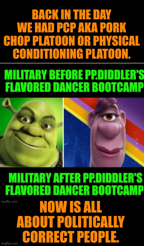 Funny | BACK IN THE DAY WE HAD PCP AKA PORK CHOP PLATOON OR PHYSICAL CONDITIONING PLATOON. NOW IS ALL ABOUT POLITICALLY CORRECT PEOPLE. | image tagged in funny,political correctness,fitness,health,training,time | made w/ Imgflip meme maker