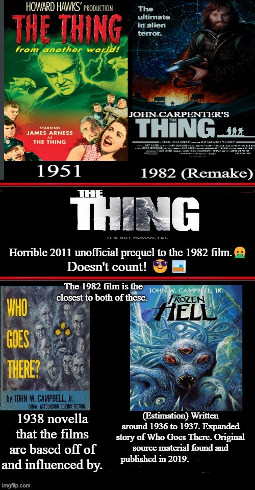 The Thing books and films | Doesn't count! 😎🥃; The 1982 film is the closest to both of these. | image tagged in the thing,1936,1938,1982,2011,the thing memes | made w/ Imgflip meme maker