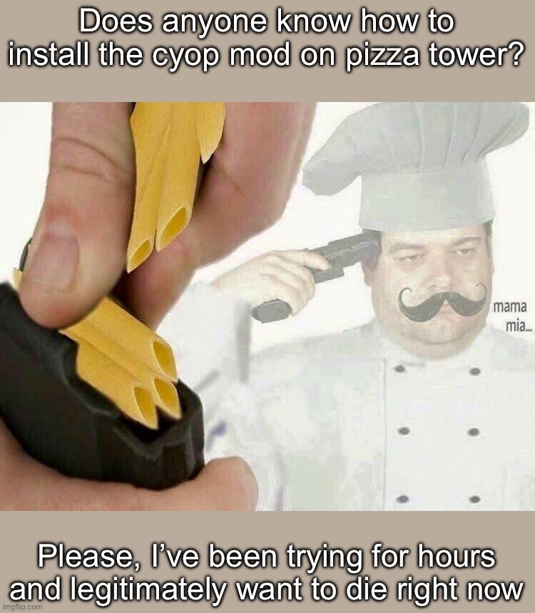 Please I don’t want to have wasted all this time | Does anyone know how to install the cyop mod on pizza tower? Please, I’ve been trying for hours and legitimately want to die right now | image tagged in pasta la vista,pizza tower | made w/ Imgflip meme maker
