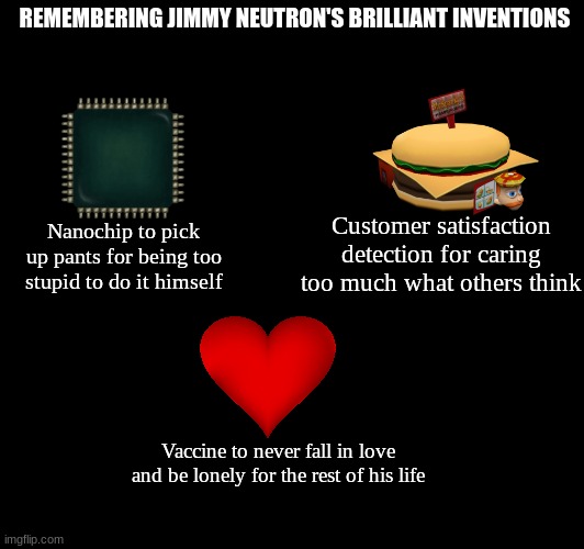 Looking back at The Adventures of Jimmy Neutron Boy Genius | REMEMBERING JIMMY NEUTRON'S BRILLIANT INVENTIONS; Customer satisfaction detection for caring too much what others think; Nanochip to pick up pants for being too stupid to do it himself; Vaccine to never fall in love and be lonely for the rest of his life | image tagged in memes,funny,cartoon,nickelodeon,jimmy neutron | made w/ Imgflip meme maker