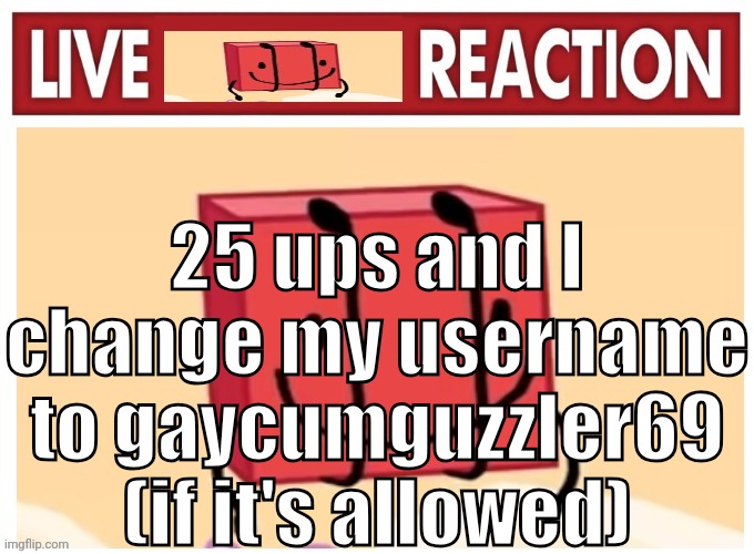 Live boky reaction | 25 ups and I change my username to gaycumguzzler69 (if it's allowed) | image tagged in live boky reaction | made w/ Imgflip meme maker