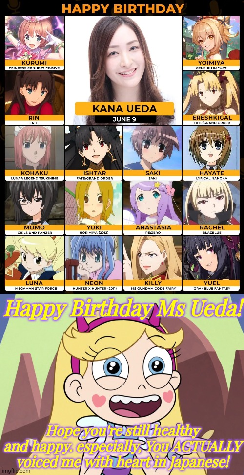 Star wishes Kana Ueda a happy birthday!!! | Happy Birthday Ms Ueda! Hope you're still healthy and happy. especially, You ACTUALLY voiced me with heart in Japanese! | image tagged in star butterfly excited,star vs the forces of evil,star butterfly,anime,memes,happy birthday | made w/ Imgflip meme maker
